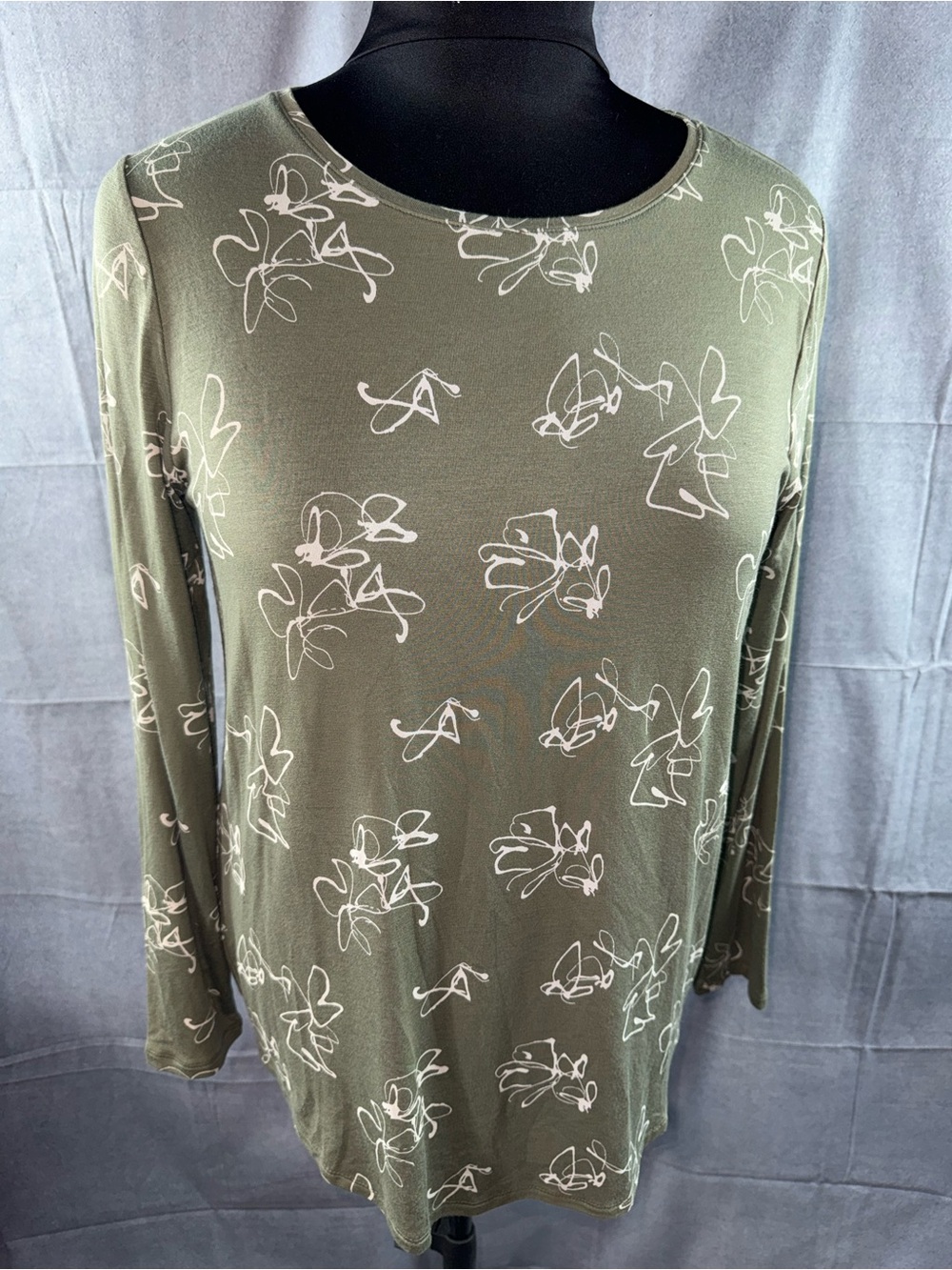3054-Apt. 9 Olive Green Long-Sleeve Floral Scribble Top